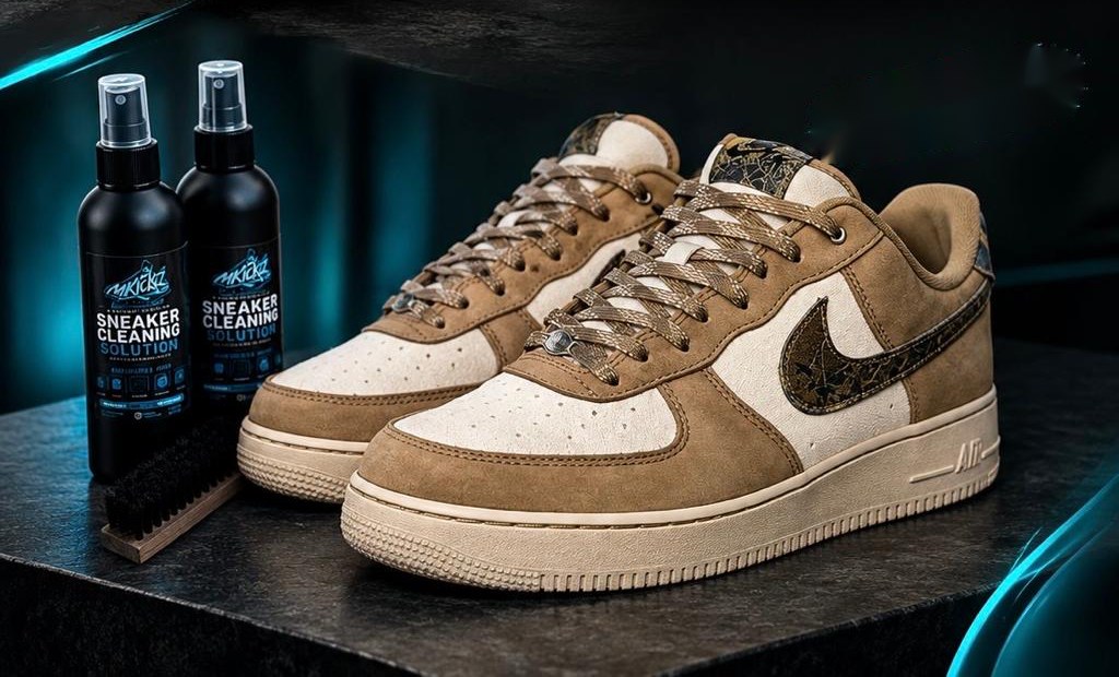 Sneakers after a professional MKICKZ clean, next to MKICKZ sneaker cleaning solution